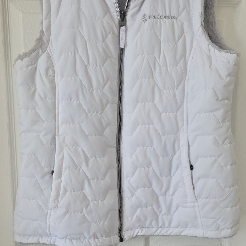 Free Country Women's White Quilted Or Grey Fur Reversable Zip Up Vest Pockets L - Picture 4 of 10